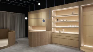 A modern retail space featuring wooden interior design elements.