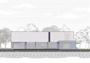 Modern architectural design featuring glass and steel materials.