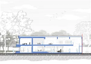 Cross-sectional architectural drawing of a modern interior featuring glass walls and concrete floors, with people depicted in