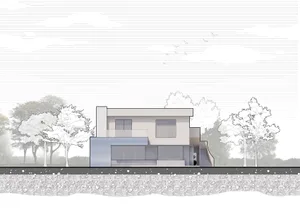 A modern residential building with concrete facade.