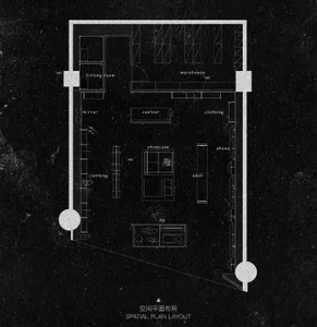 A 2D architectural drawing of a furniture store with steel cabinets, warehouse racks, and industrial-style furniture.
