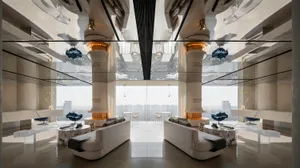 Modern lobby area with glass and marble elements