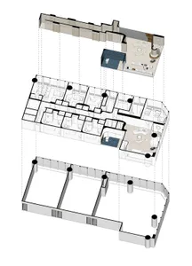 Concrete floor plan with multiple rooms and spaces