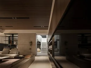 Modern living room with wooden walls and a minimalist design