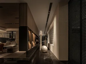 Modern minimalist living room with wooden furniture and dark flooring.