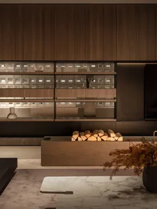 Modern residential interior featuring wooden elements and a cozy atmosphere.