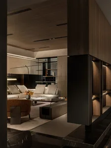 Modern living room with wooden elements and contemporary furniture.