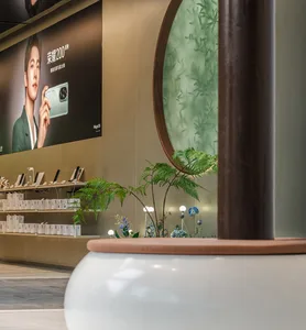 一間現代零售店，採用極簡設計，擺放綠色植物、展示電子產品的層架，以及圓形玻璃元素