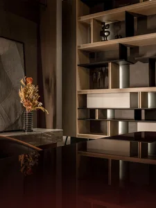 Modern office desk with glass and wood materials