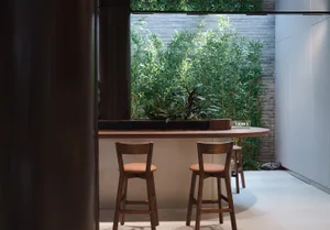 Modern coffee shop interior with wooden elements and green plants.