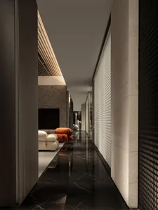 Modern corridor with concrete walls and black marble floor