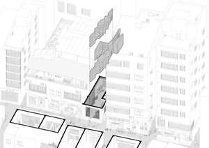 A detailed modern interior architecture plan depicting various spaces and design elements within a building.