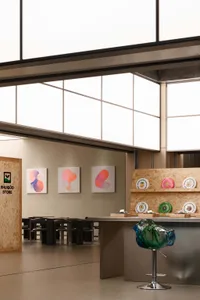 Modern commercial space featuring concrete and wooden elements