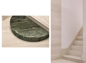 A modern interior space featuring a striking green marble floor.