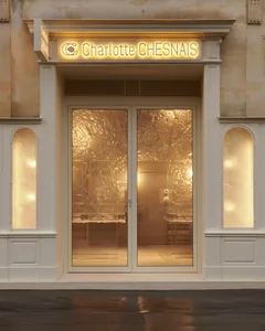A retail storefront with glass windows and yellow neon signage at night.