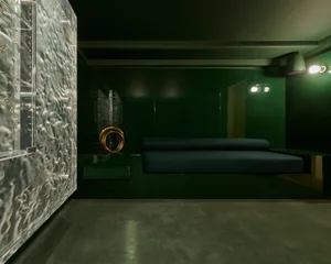 A contemporary interior design with green walls, modern metal accents, and glass elements.