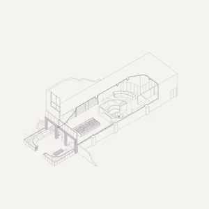 Wireframe diagram of a building's floor plan