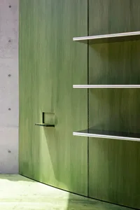 A minimalist green cabinet with a concrete shelf and a small rectangular cutout.