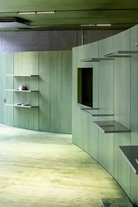 A modern interior space with concrete walls and shelves.