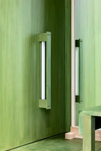 Modern interior design featuring a wooden door handle against a green wooden wall.
