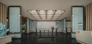 Modern hotel lobby featuring glass and ceramic elements