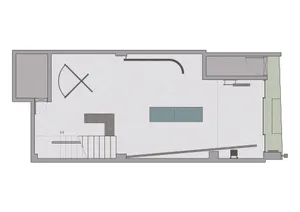 A modern architectural floor plan of a living space with a minimalistic design including a central living area, kitchen, and 