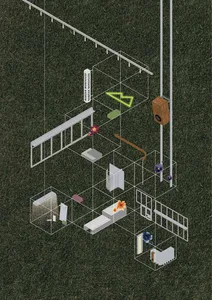 An architectural floor plan showcasing a modern warehouse with glass walls and metal railings.