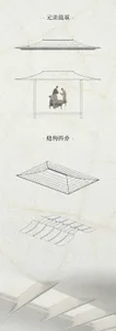 Traditional architectural space design representation on paper with people seated under a canopy.