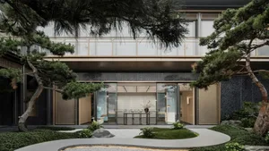 Modern minimalist entryway with metal, glass, and concrete materials