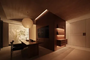 Modern living room with wooden furniture and minimalist design