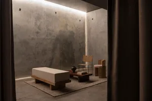 A modern living room with concrete walls and minimalist furniture
