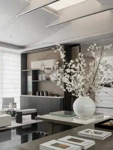 A modern living room featuring marble surfaces, wooden furniture, and metal accents.