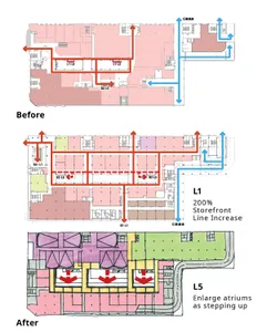 A comparison of office layouts before and after renovation, showing changes in storefront lines and atrium sizes.