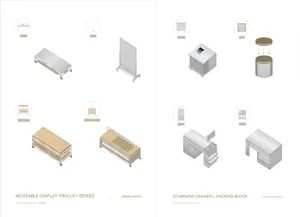 Retail display furniture featuring metal and wooden components.