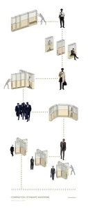 Multiple standard wardrobe cases with clear acrylic and beige finishes are arranged in a modular fashion to showcase various 