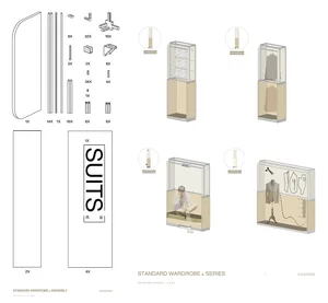 A detailed perspective diagram of a modular wardrobe system, including components and assembly instructions.