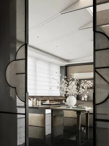 Modern minimalist living room featuring a white marble table with a white vase and book, black marble floor, and white wooden