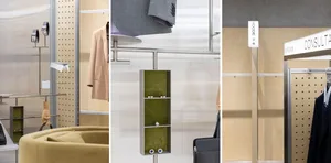 A modern retail display featuring metallic accents and sleek design elements.