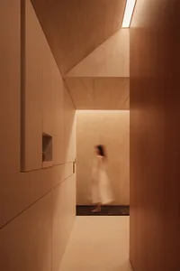 A minimalist residential corridor with concrete walls and wooden flooring.