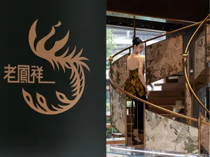 一位女士正走下金屬與木紋圖案的樓梯。