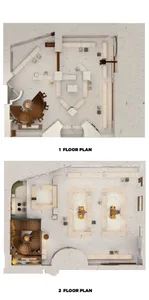 Floor plan of a modern interior designed with concrete and wood elements.