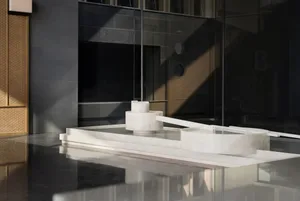 Modern lobby with marble features in a hotel setting.