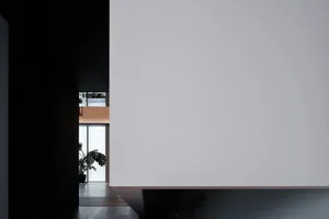 Modern minimalist design with a white wall in a room with natural light.