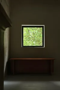 A minimalist interior with a wooden desk and a window showcasing greenery.