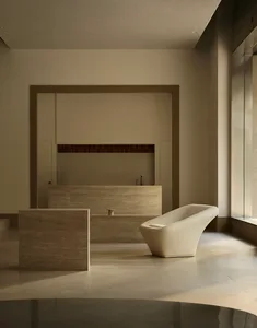 Modern minimalist bathroom featuring a marble sink and concrete floor and wall