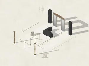 A modern, minimalist residential interior design featuring metal and marble elements.