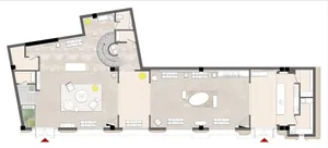 Floor plan of a modern interior space with white tiled flooring and carpeted areas