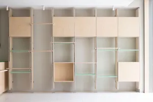 Modern interior design featuring wooden shelves against a white wall.
