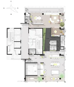 Modern, open-plan living space with neutral-color tiles, featuring areas designated for dining, relaxation, and social intera