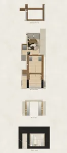 Schematic architectural plan of an interior design space showing structural layout, furniture arrangement, and material finis